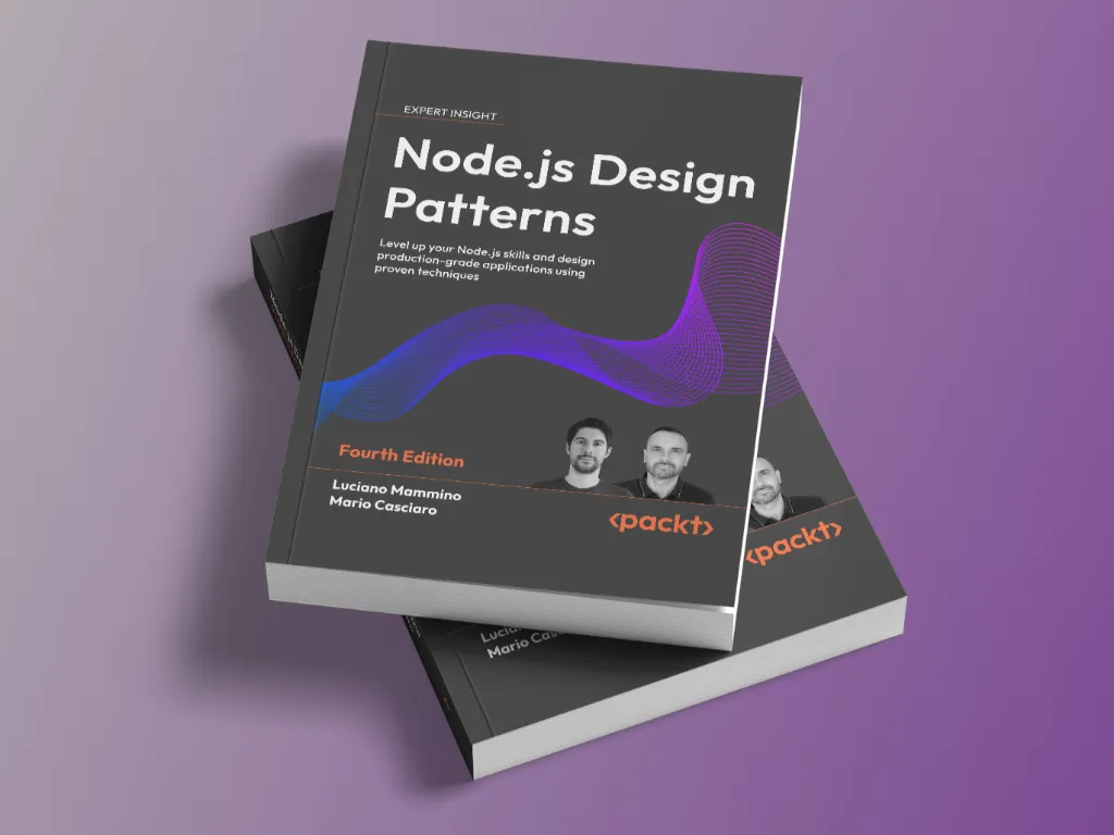 Stack of two copies of “Node.js Design Patterns – Fourth Edition” on a purple gradient surface; top book slightly rotated, showing the purple wave cover and authors’ portraits.