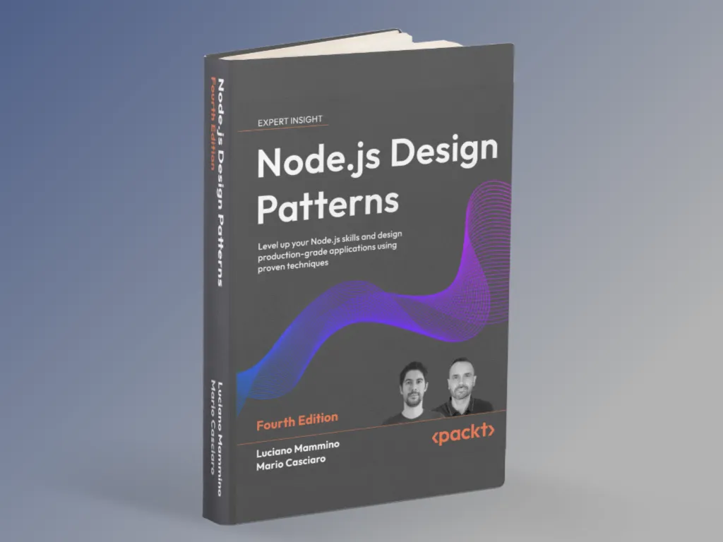 Studio render of the 'Node.js Design Patterns – Fourth Edition' hardcover floating against a blue gradient backdrop, front cover with purple wave graphic centered.
