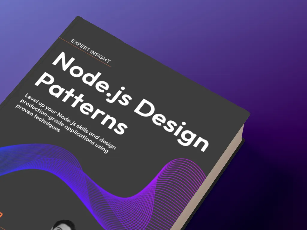 Close-up of the top corner of the 'Node.js Design Patterns' cover on a purple gradient background, highlighting the large title text and flowing purple wave graphic.