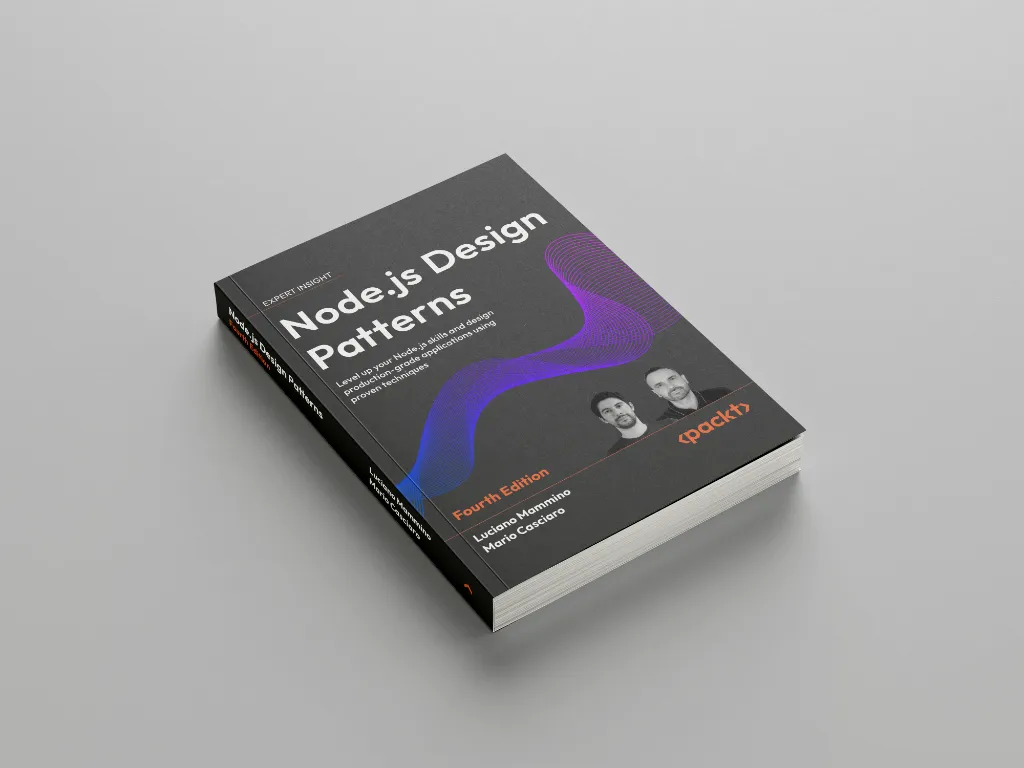 Angled view of the “Node.js Design Patterns – Fourth Edition” paperback lying on a light gray surface, showing the spine, title, purple wave design, and Packt branding.