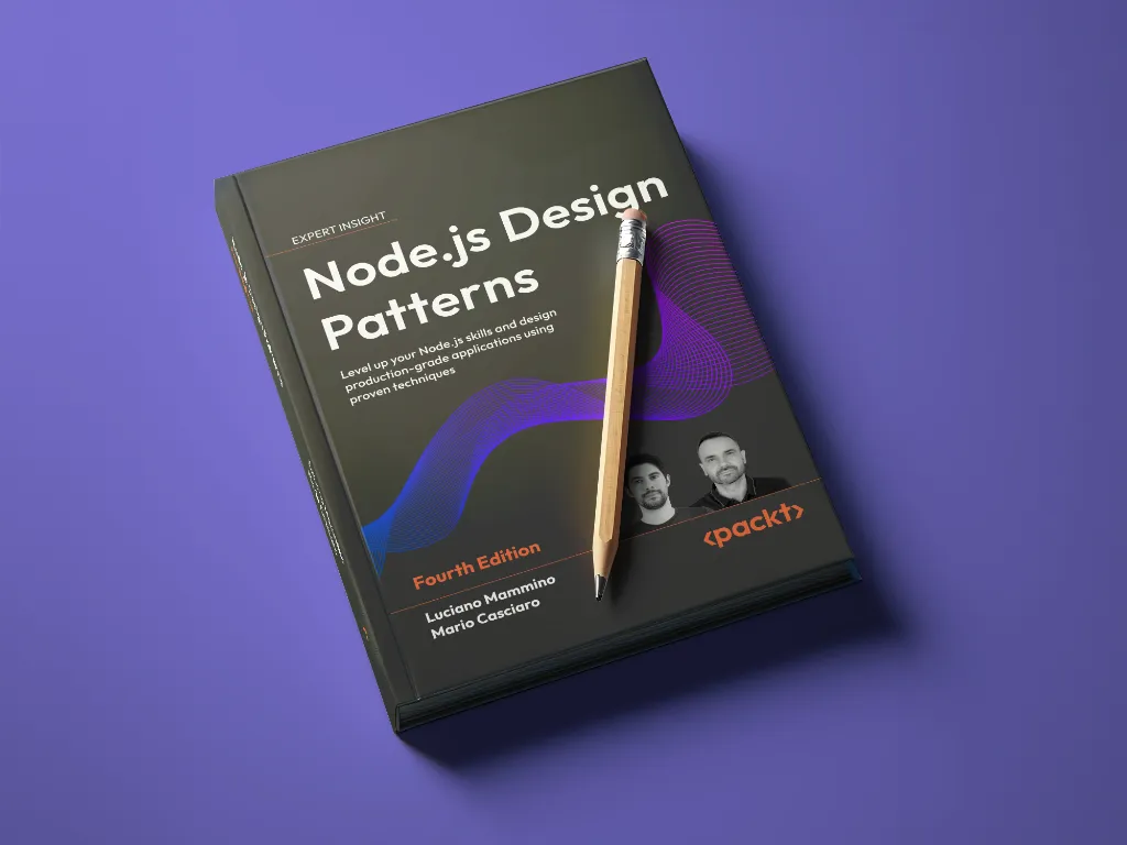 Hardcover of 'Node.js Design Patterns – Fourth Edition' on a purple surface with a wooden pencil resting diagonally on the cover; black cover with purple wave graphic, authors' portraits, and Packt logo.